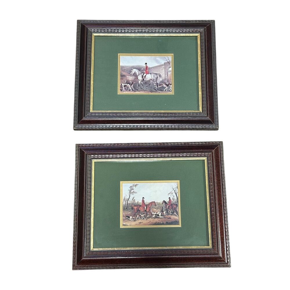 Pair Framed English Fox Hunt Equestrian Prints Green Mat Horse Hound Wall Art